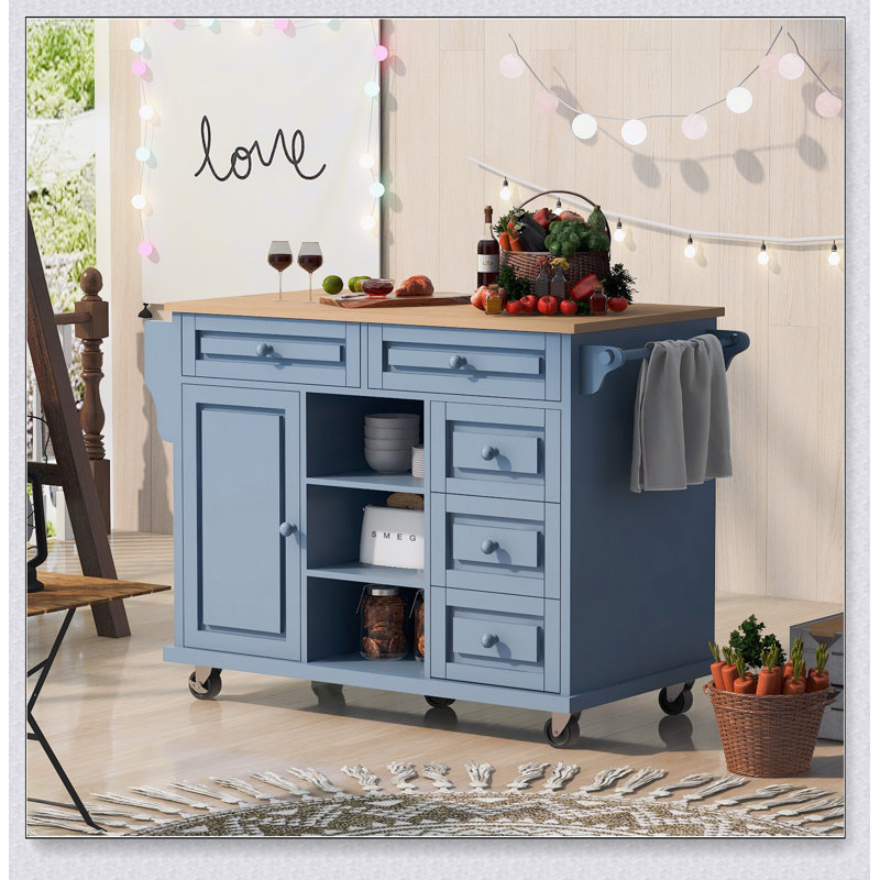 Chariot de cuisine avec îlot de cuisine mobile en bois d'hévéa avec rangement et 5 tiroirs, Bleu