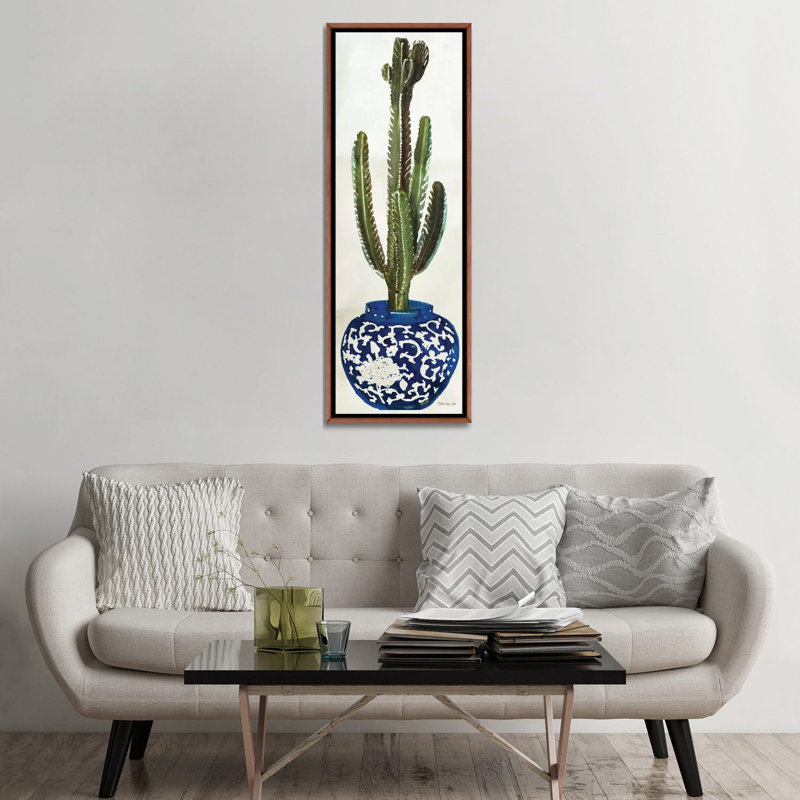 «Cacti in Blue Pot II», impression panoramique sur toile, H 60 po x l 20 po x P 1,5 po, Toile classique avec cadre brun