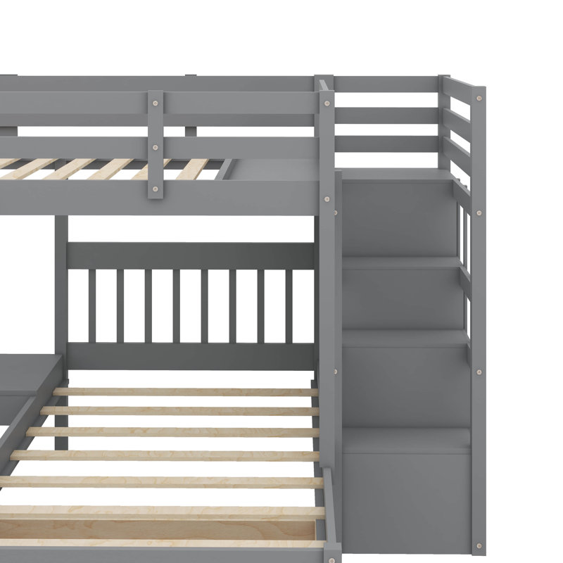 Lit superposé double au-dessus de simple et double, bois avec espaces de rangement, Gris