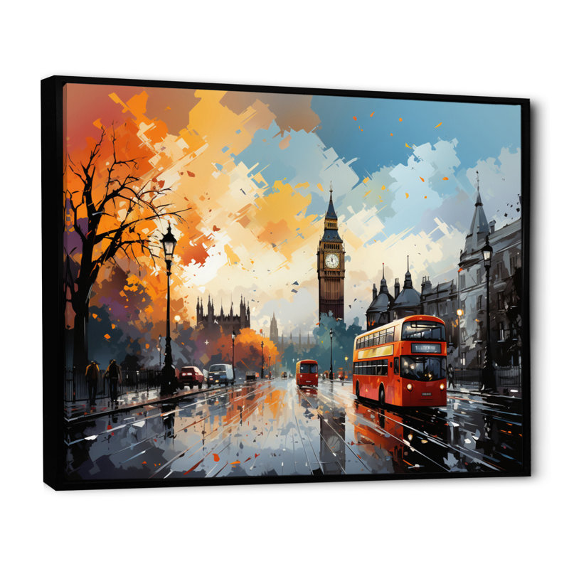 Marel Red Beige City London Popart III - impression, Cadre flottant noir, H 24 po x l 32 po x P 1 po