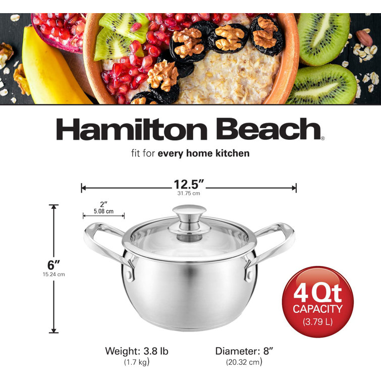  Hamilton Beach Stainless Steel 7-Quart Dutch Oven -  Professional Premium Oven Safe Stock Pot with Ergonomic Handle & Glass Lid  - Fryer Pot for Braising: Home & Kitchen
