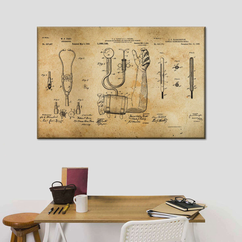 «Médical et dentaires bleus», Compilation de brevet, reproduction sur toile, H 34 po x l 51 po x P 1,25 po