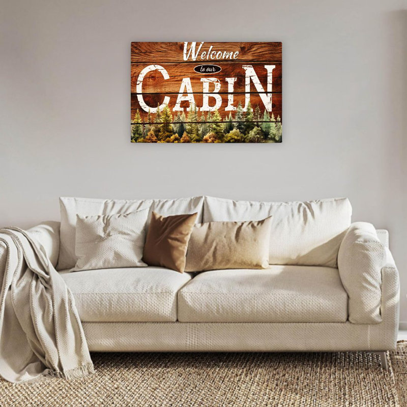 Welcome To Our Cabin, art mural encadré en bois à l'arrière, 24 po x 36 po