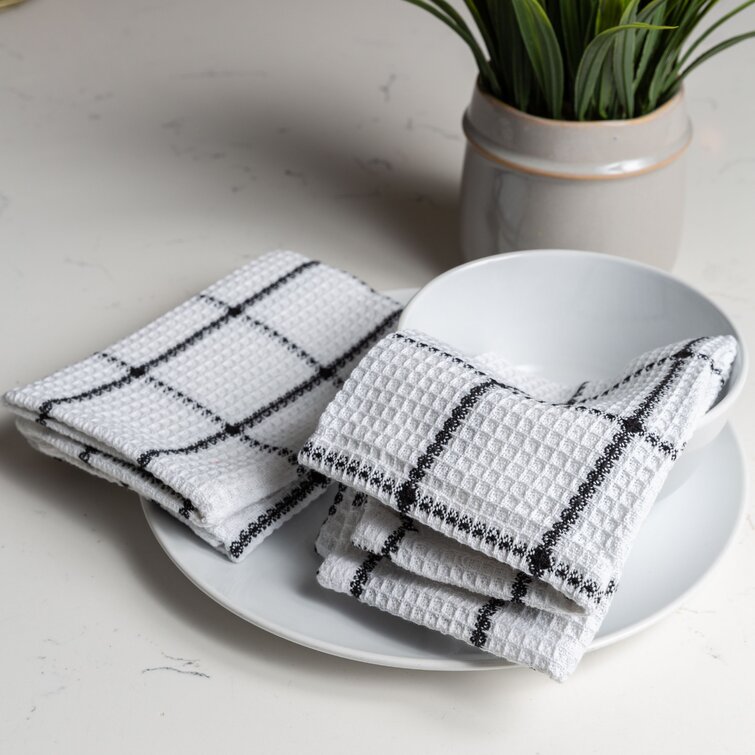 6 WAFFLE Weave Cotton Blend Black Plaid Dish Cloths Rags Kitchen