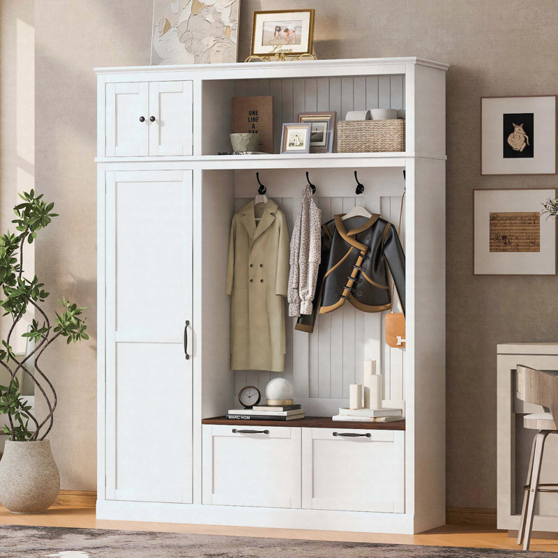 Arbre d'entrée 3 en 1 avec armoire de rangement, tablettes réglables, tiroirs et banc d'entrée