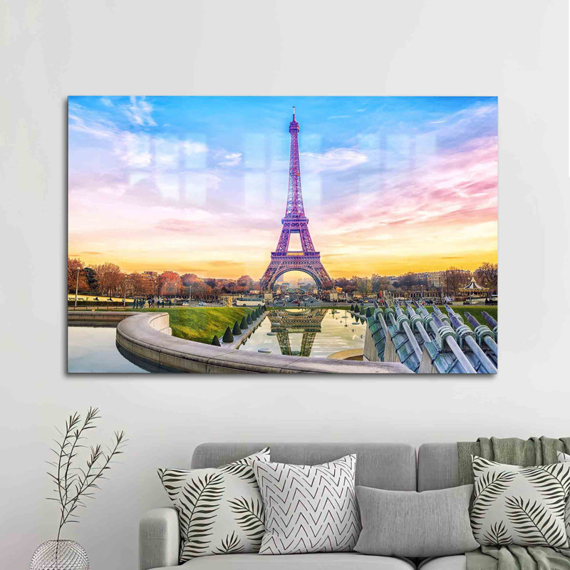 Art mural en verre trempé avec paysage de la tour Eiffel pour salon avec décoration murale en verre 3D, H 18,1 po x l 28,3 po
