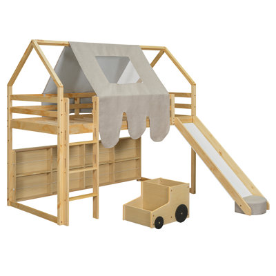 Twin size Wooden Loft Bed House-shaped Frame with a Tent, Natural+Beige
