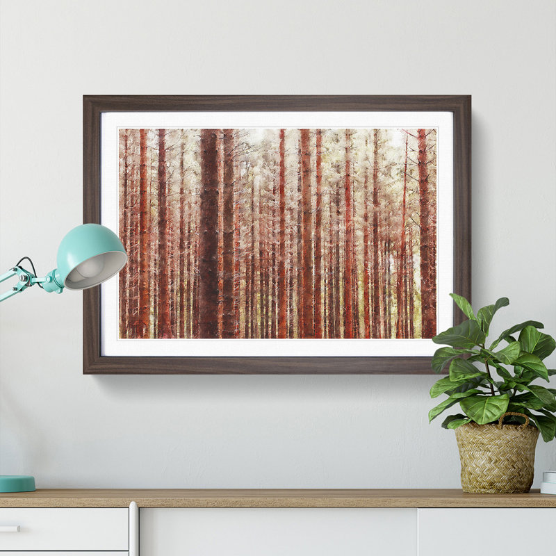 Red Forest In The Autumn - Single Picture Frame Painting on MDF, 24cm H x 33cm W x 2cm D, Walnut