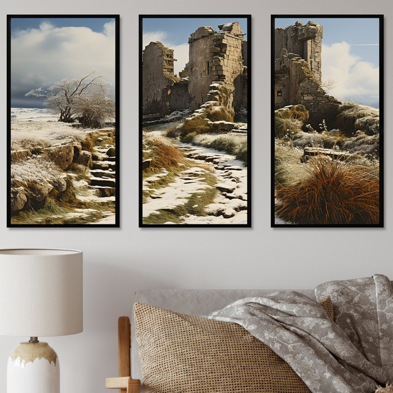 «Castles Winter Beauty - Châteaux», ensemble d'art mural, Cadre flottant noir, H 40 po x l 60 po x P 1 po