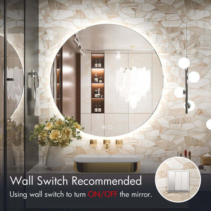 Adorna  Round Frameless Backlit Mirror, LED Bathroom Mirror with Dimmable Brightness, Anti-fog Function, 50000h Lifetime, Shatterproof Film