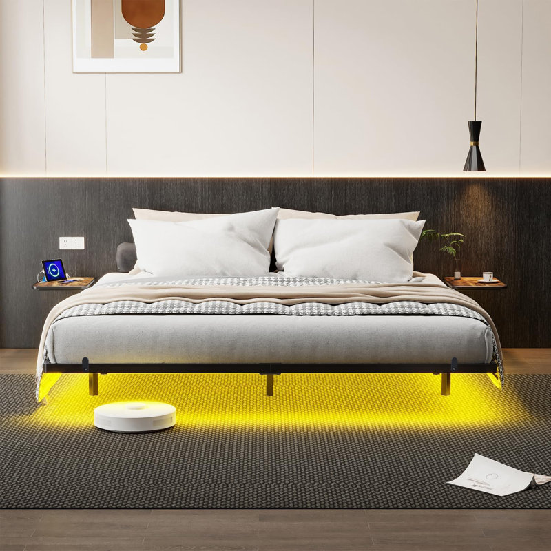 Floating Bed Frame With Bedside Tables, Charging Station And LED Lights Metal Platform, Black, King