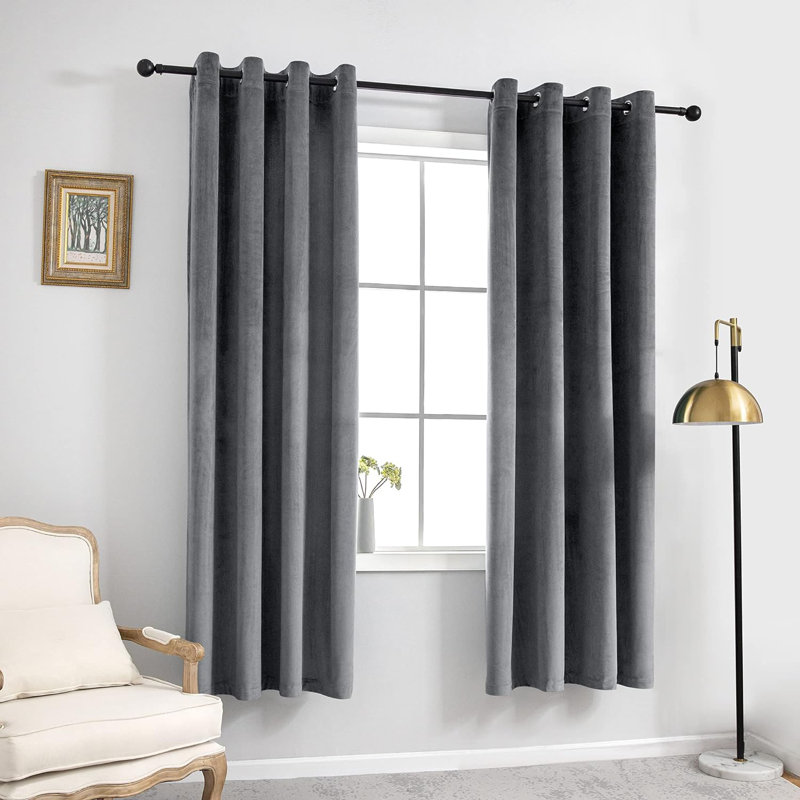 Paire de rideaux en velours avec œillets pour la maison et le bureau, Gris foncé, L 52 po x L 84 po