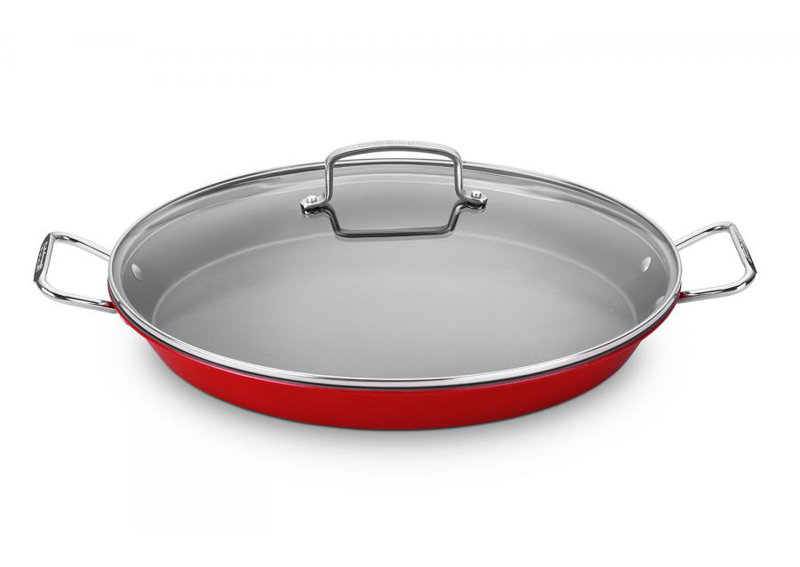 Red 15-Inch Non-Stick Steel Paella Pan with Glass Lid