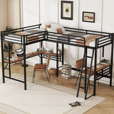 Metal Loft Bed With Two Built-In Desks