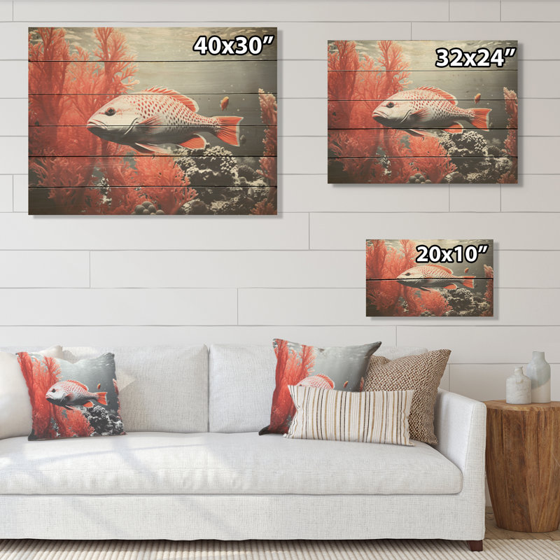 Monochrome Coral And Grey Fish Paddle I - Coastal Coral Under Water Wood Wall Art On Natural Pine Wood, 30" H x 40" W