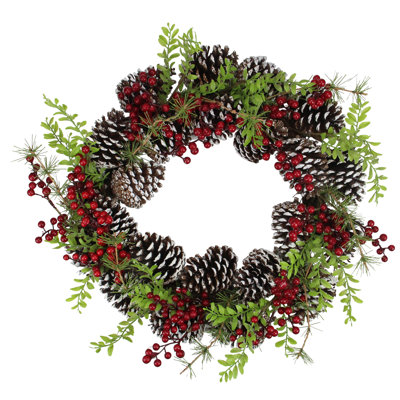 Couronne de Noël artificielle avec pommes de pin givrées et baies - non éclairées 18 pouces
