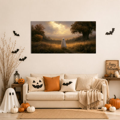Large Ghost Wall Art - Serene Ambiance, peinture sur toile d'Halloween, image vintage de fantôme pour le salon, la chambre à coucher et la décoration murale des Fêtes, toile tendue avec cadre en pin, 28 po x 58 po