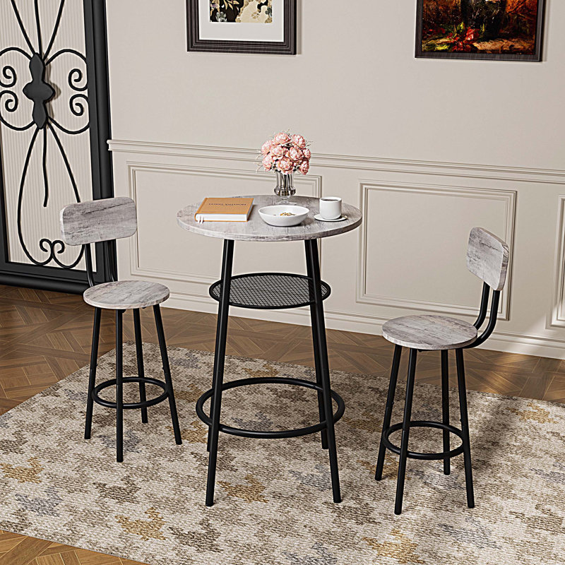 Ensemble de 3 tables de bar rondes avec 2 tabourets de bar, Gris / Noir
