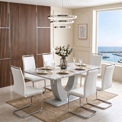 Contemporary 7-Piece Faux Marble Dining Set with Upholstered Cantilever Chairs