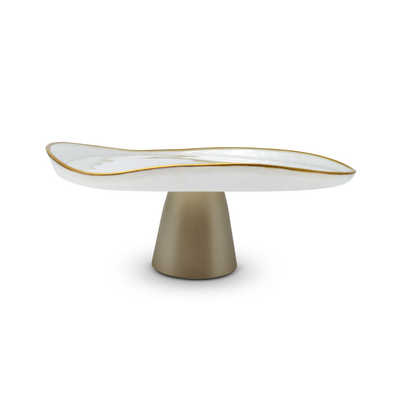 Organic Shaped Cake Plate with Gold Detail, White/Gold, 12.5" W x 6" H x 12.5" D
