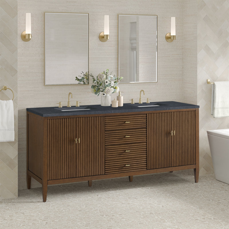 Myrrin 72'' W Double Vanity, Mid-Century Walnut, Charcoal Soapstone, 8" Widespread