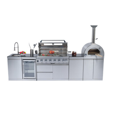 128-Inch 120000- BTU Double Stainless Steel Gas Outdoor Kitchen Bar Barbecue Island Grill+ Pizza oven + Wine Cooler Compact Refrigerator + Rotisserie + Granite Countertops + Storage Cabinets & Drawers