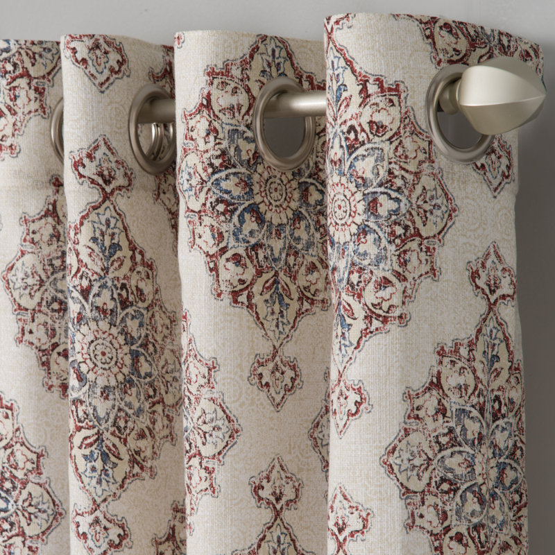 Quintara Polyester / Cotton Light-Filtering Medalion Print Curtain Panel with Grommet Top, 50" W x 63" L, Red/Cream