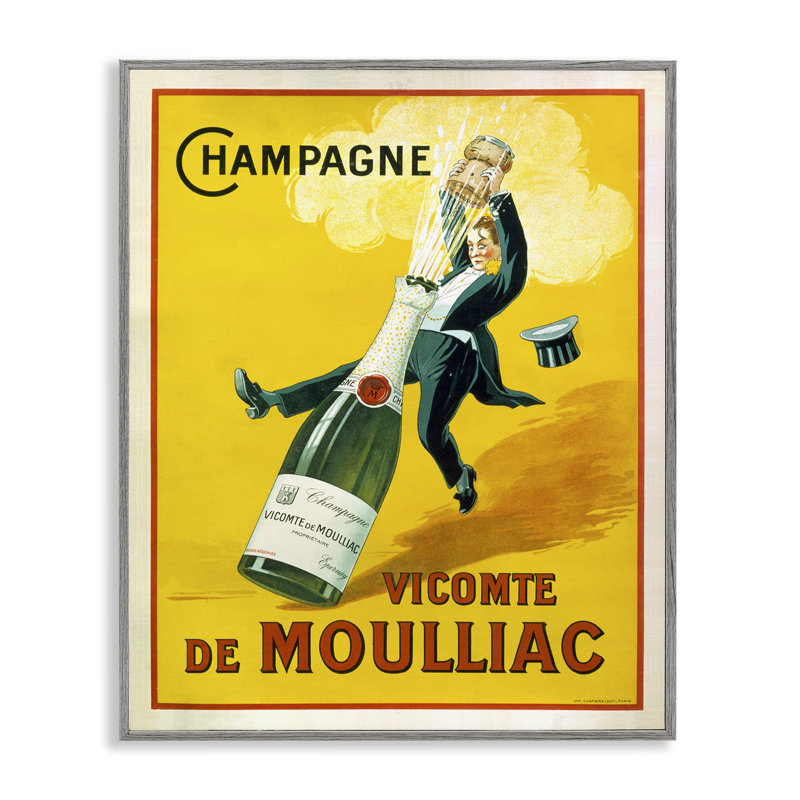 Illustration rétro Champagne Vicomte de Moulliac, bouteille pop gris surdimensionnée, rustique, giclée encadrée, art texturé par Marcus Jules