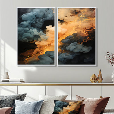 Gris et orange polaire, éclat de fumée II - art mural abstrait 2 pièces