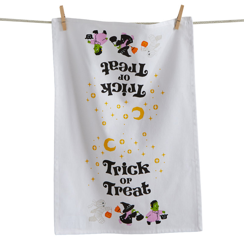 Trick Or Treat Dishtowel Whtie Cotton Halloween, Halloween, White/Black