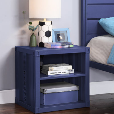 Table de chevet en métal pour chambre à coucher bleue - Design moderne avec tablettes ouvertes