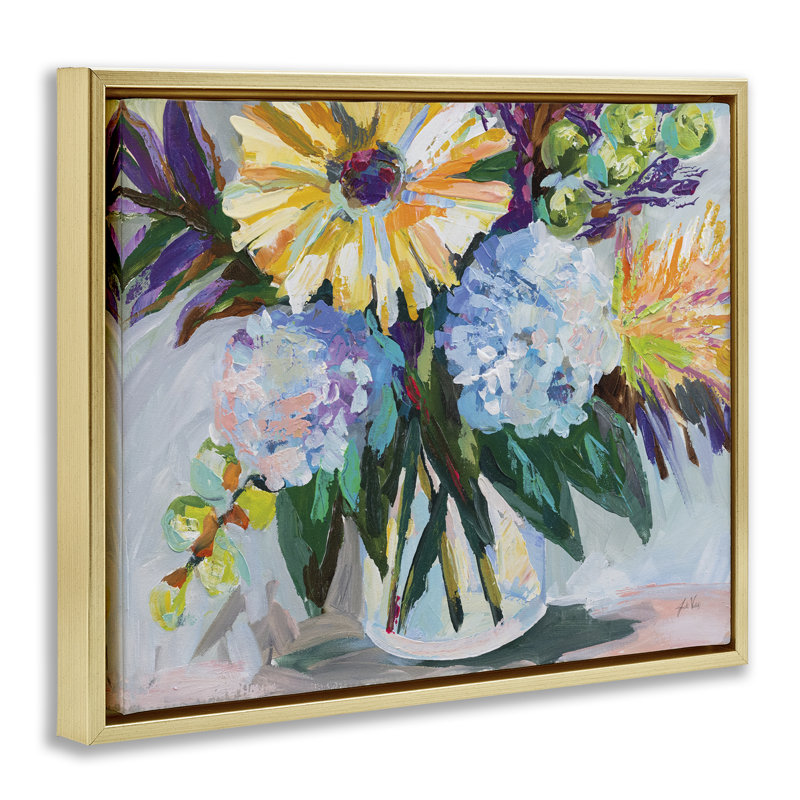 «Summer Blooms Bouquet», art mural par Jeanette Vertentes, H 17 po x l 21 po, Cadre flottant gris lustré