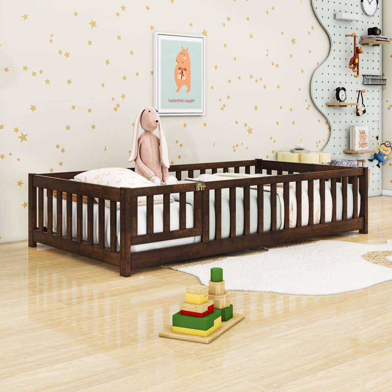 Wood Low Platform Bed With Fence Door And Guardrails, Twin, Espresso