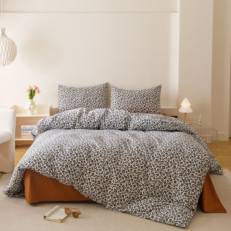 Floral Comforter Set Botanical Flower Bedding Set, Queen Comforter + 2 Standard Pillowcases, Black Leopard