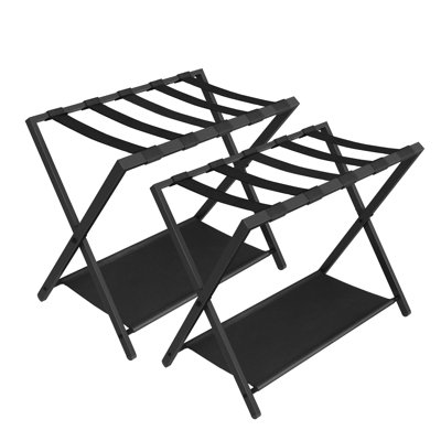 Porte-bagages, support de valise pliable pour invité, pliable, porte-bagages avec tablette, structure en acier avec sangles en nylon, peut supporter jusqu'à 154 lb, noir, paquet de 2