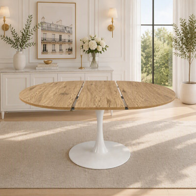 Table de salle à manger extensible 57,87 "pour 4 à 6 personnes, table de salle à manger moderne, table tulipe, plateau de table en panneau de fibres à densité moyenne et piédestal en métal, table de salle à manger ovale moderne, table basse de style Mid-Century pour salon, petits espaces, café (naturel)