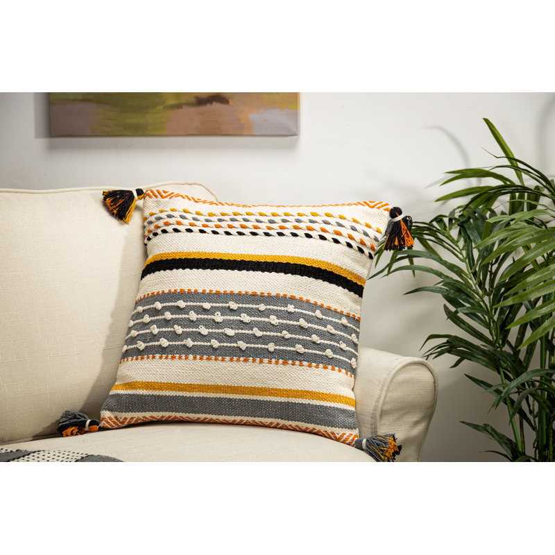 Ivory and Black Woven Cotton Square Throw Pillow with Tassels