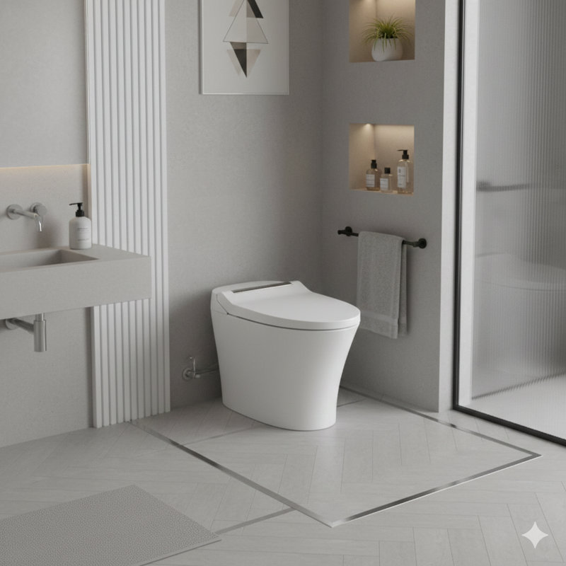 Smart toilet with a built-in heated seat, one-piece elongated contemporary design featuring adjustable seat temperature, automatic flushing, dual-flush system (1/1.28 GPF), foot-sensor activated flush, and a soft white nightlight controlled by a knob.