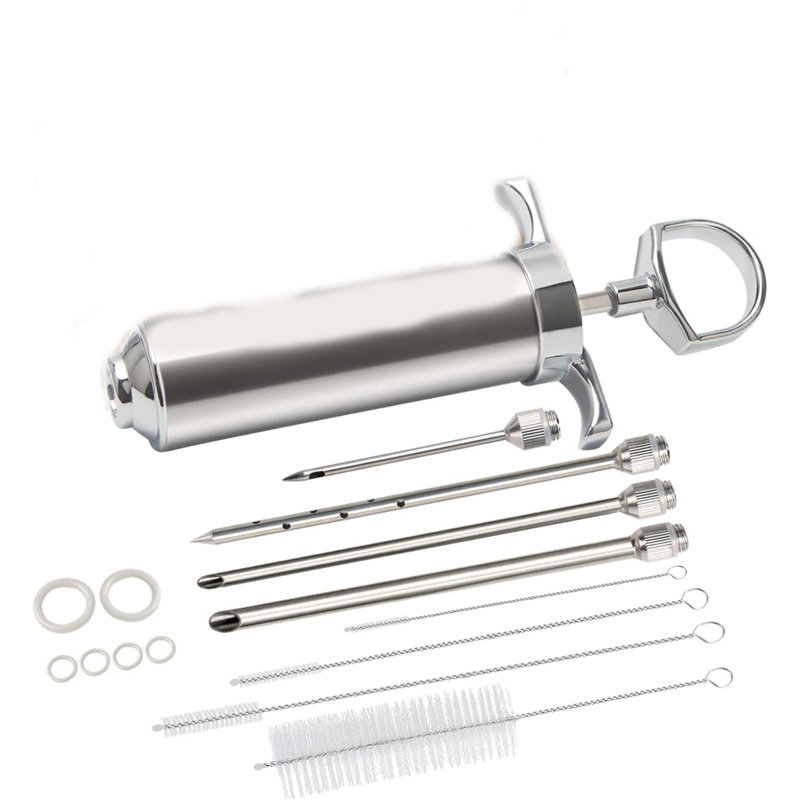 Ensemble d'injecteur de viande en acier inoxydable - 4 aiguilles anti-colmatage, piston amélioré + brosses de nettoyage / joints toriques pour la dinde / barbecue