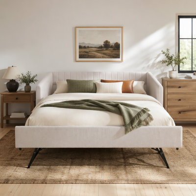 Full Size Daybed With Trundle Upholstered Sofa Bed, With Vertical Stripes, Linen Fabric