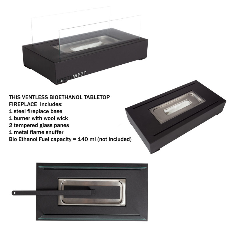 Black Rectangular Bio Ethanol Tabletop Fire Pit with Glass