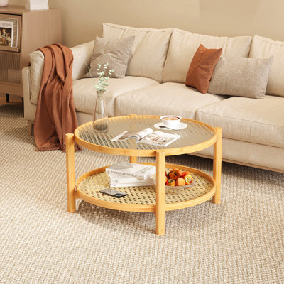 Table basse en rotin, table basse en bambou à 2 niveaux avec plateau en verre et tablette de rangement en rotin en PVC, table basse ronde moderne pour salon, bureau, naturel