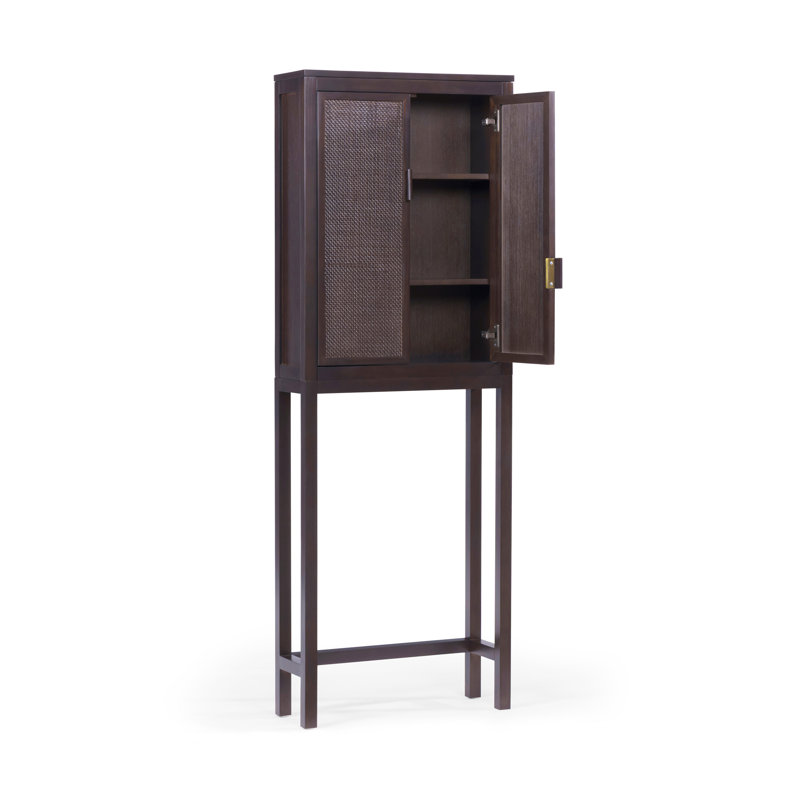 Rangement pour salle de bain moderne avec portes incrustées en rotin, tablettes réglables et structure en bois massif Boho
