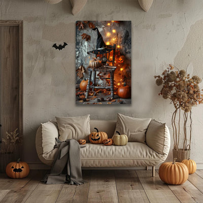 Art mural vertical sur toile sorcière chapeau citrouille rustique Moody Halloween