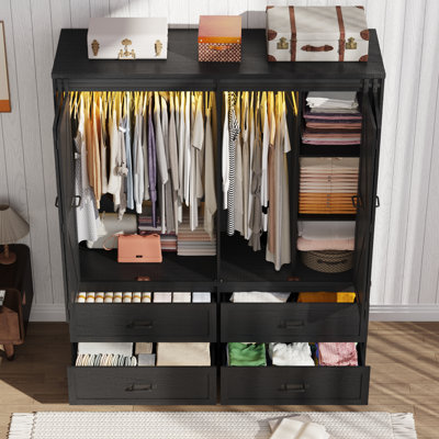 73.00''H Armoire Wardrobe With Sensor Light, Drawers, Hanging Rod And Folding Sliding Barn Doors