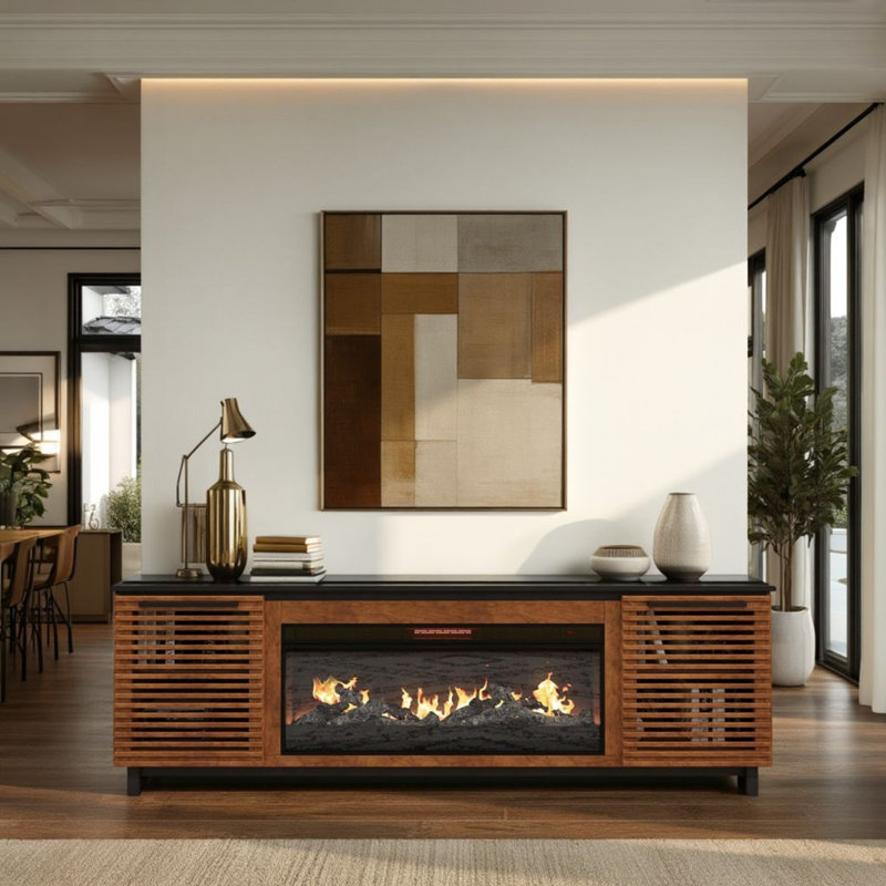 Meuble télé 86 po pour téléviseur de 100 po ou moins, assemblage minimal, noir avec finition bourbon