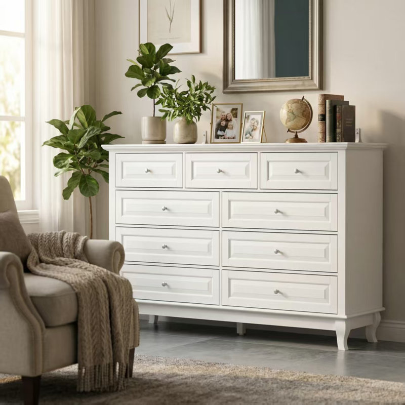 Commode 9 tiroirs Durmish, Blanc