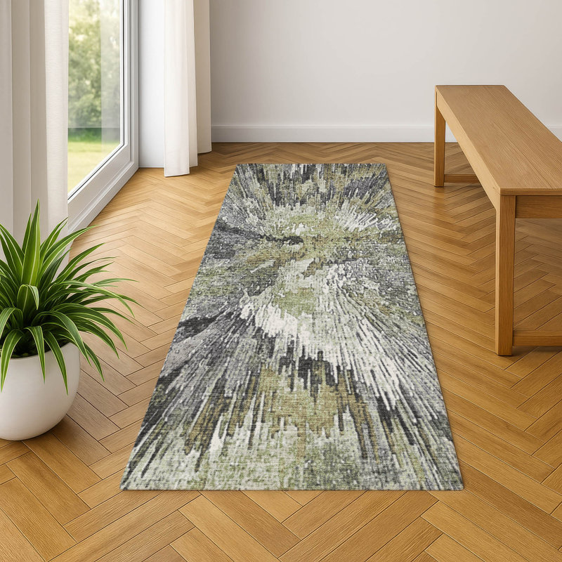 Premium Machine Washable Mayfield AMF2283 Abstract Rug, 2'3" x 7'6" Runner, Fern