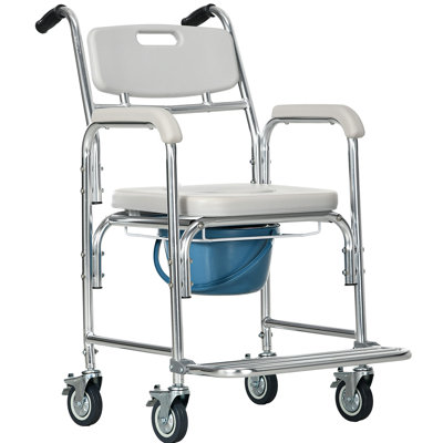 HOMCOM 3-In-1 Shower Commode Wheelchair, Transport Beside Commode Chair, Waterproof Rolling Over Toilet Chair 330 Lbs. Weight Capacity With Padded Seat, Gray
