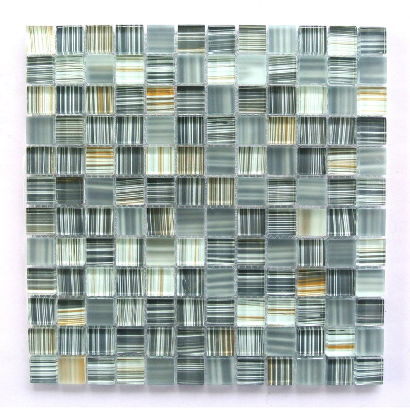 Handicraft 12 in. x 12 in. Stained Glass Straight Edge Square Mosaic Decorative Kitchen & Bathroom Wall Tile, Ash Gray